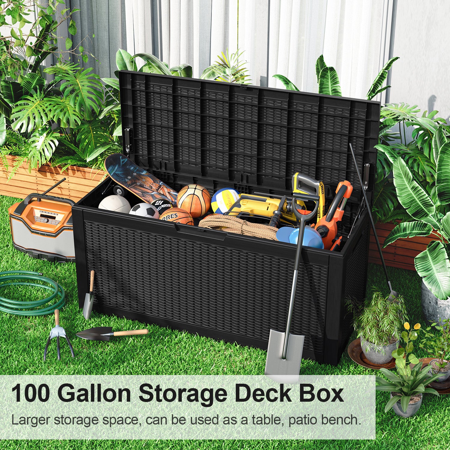 100 gallon recyclable eco-friendly resin + rattan material storage Deck Box