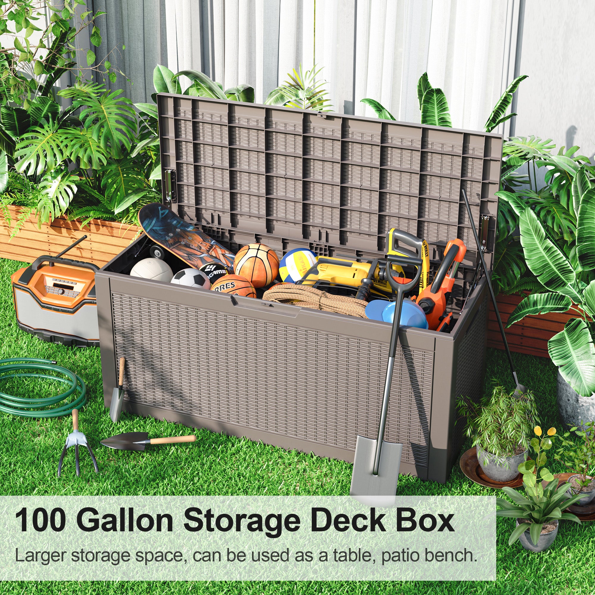 100 gallon recyclable eco-friendly resin + rattan material storage Deck Box