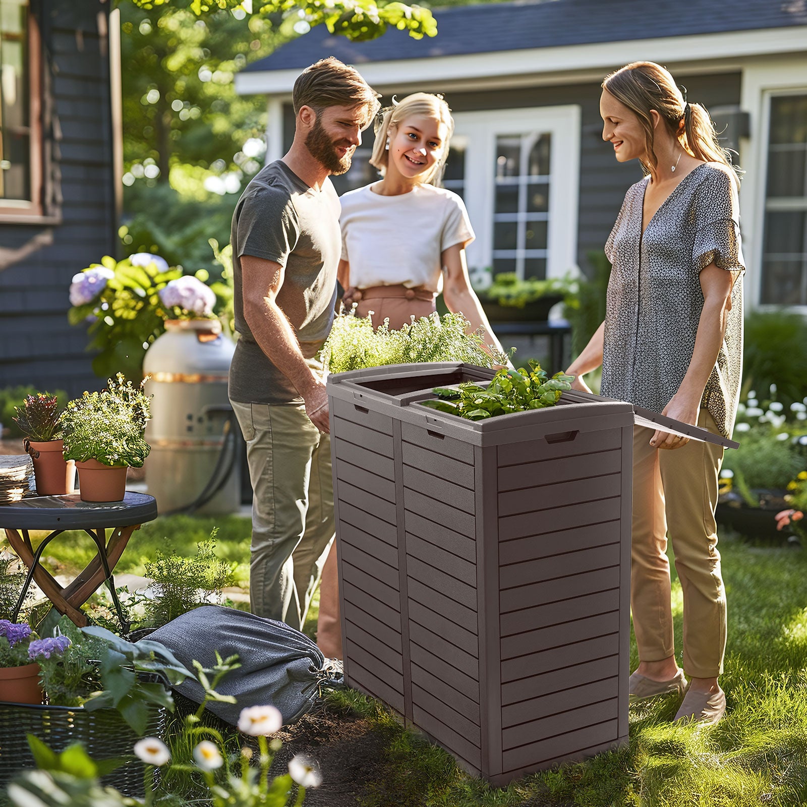 62 Gallon Outdoor Trash Can,Waterproof Garbage Can with Tiered Lid and Drip Tray,Resin Outside Trash Bin for Patio,Backyard,Deck