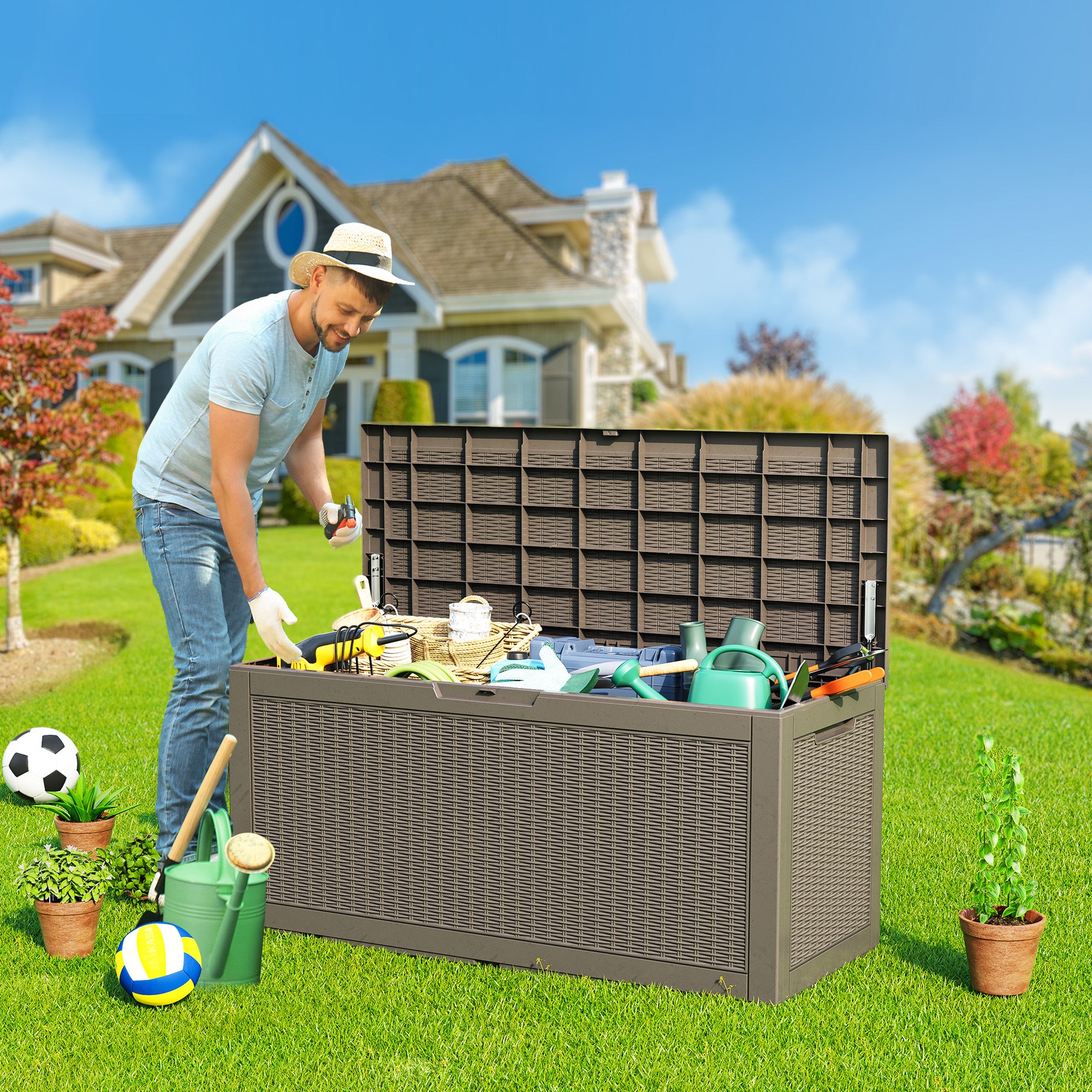 100 gallon recyclable eco-friendly resin + rattan material storage Deck Box