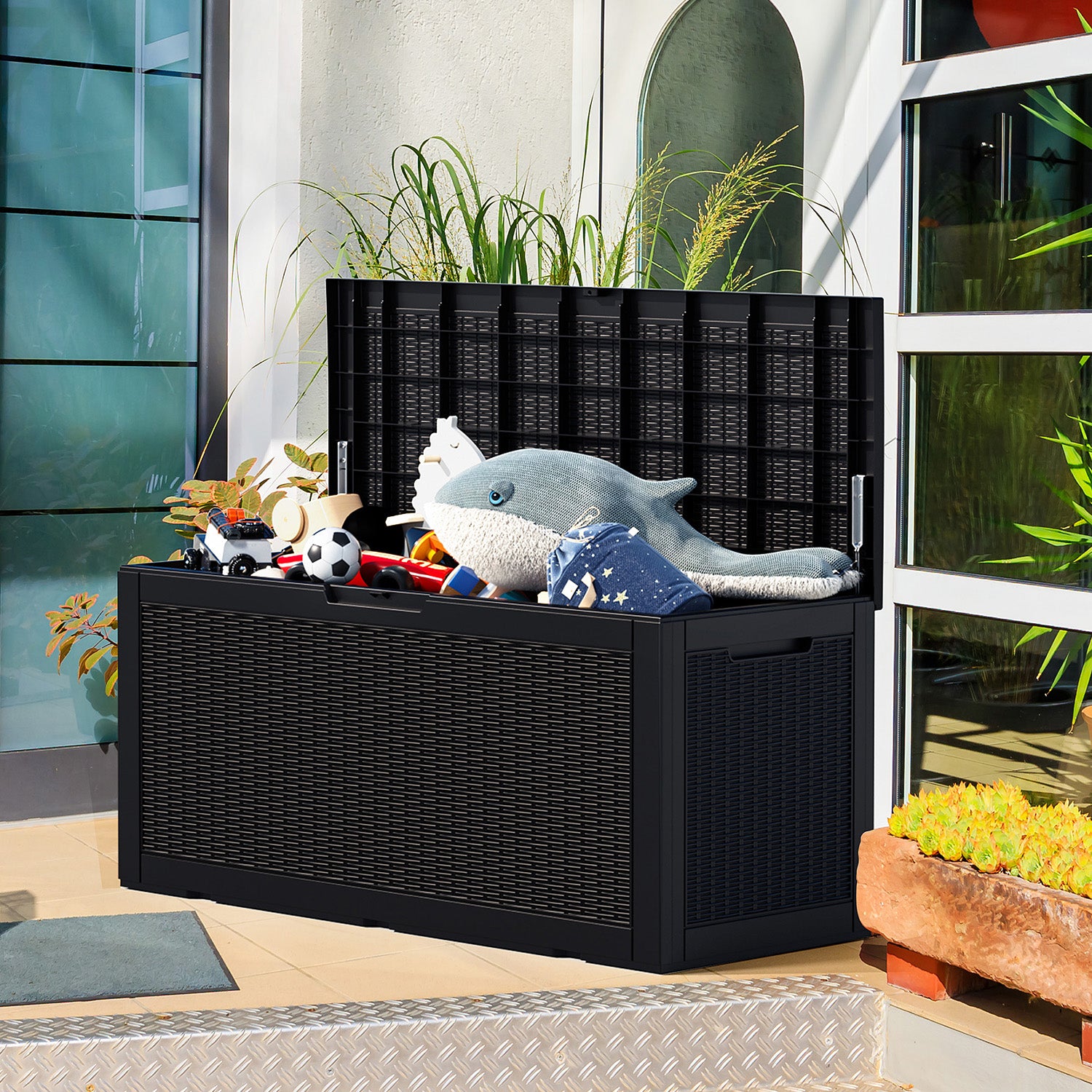 100 gallon recyclable eco-friendly resin + rattan material storage Deck Box